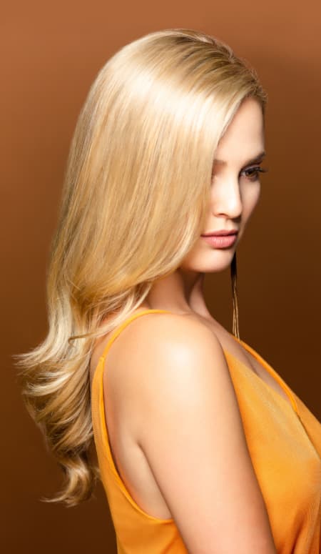 Blonde hair model styled at Triune Salon