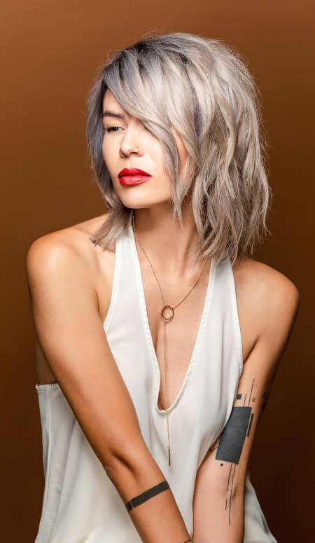 Silver hair model styled at Triune Salon